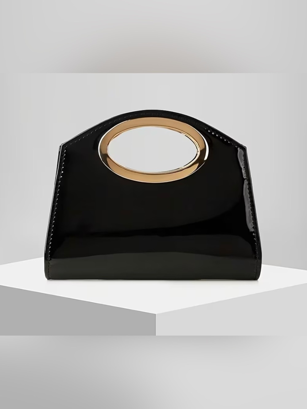 Black Patent Oval-Handle Women’s Handbag